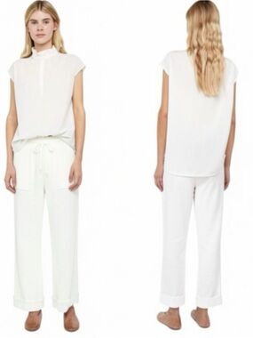 RAQUEL ALLEGRA White Crepe Frayed Flare Wide Leg Pants Trousers
